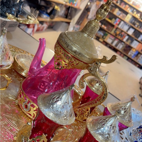 Ornate Pink Glass and Gold Tea Set